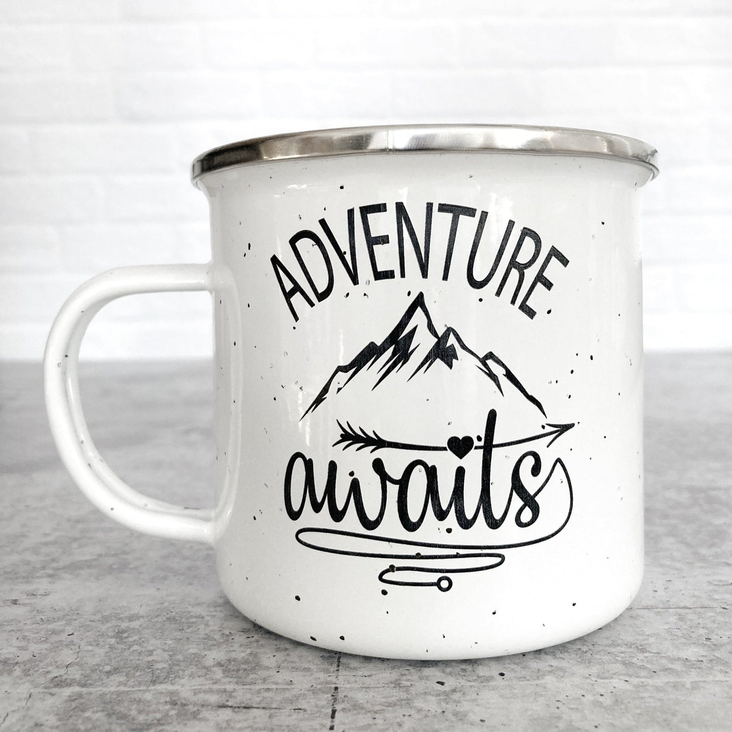 Adventure Awaits Design on White Enamel Mug