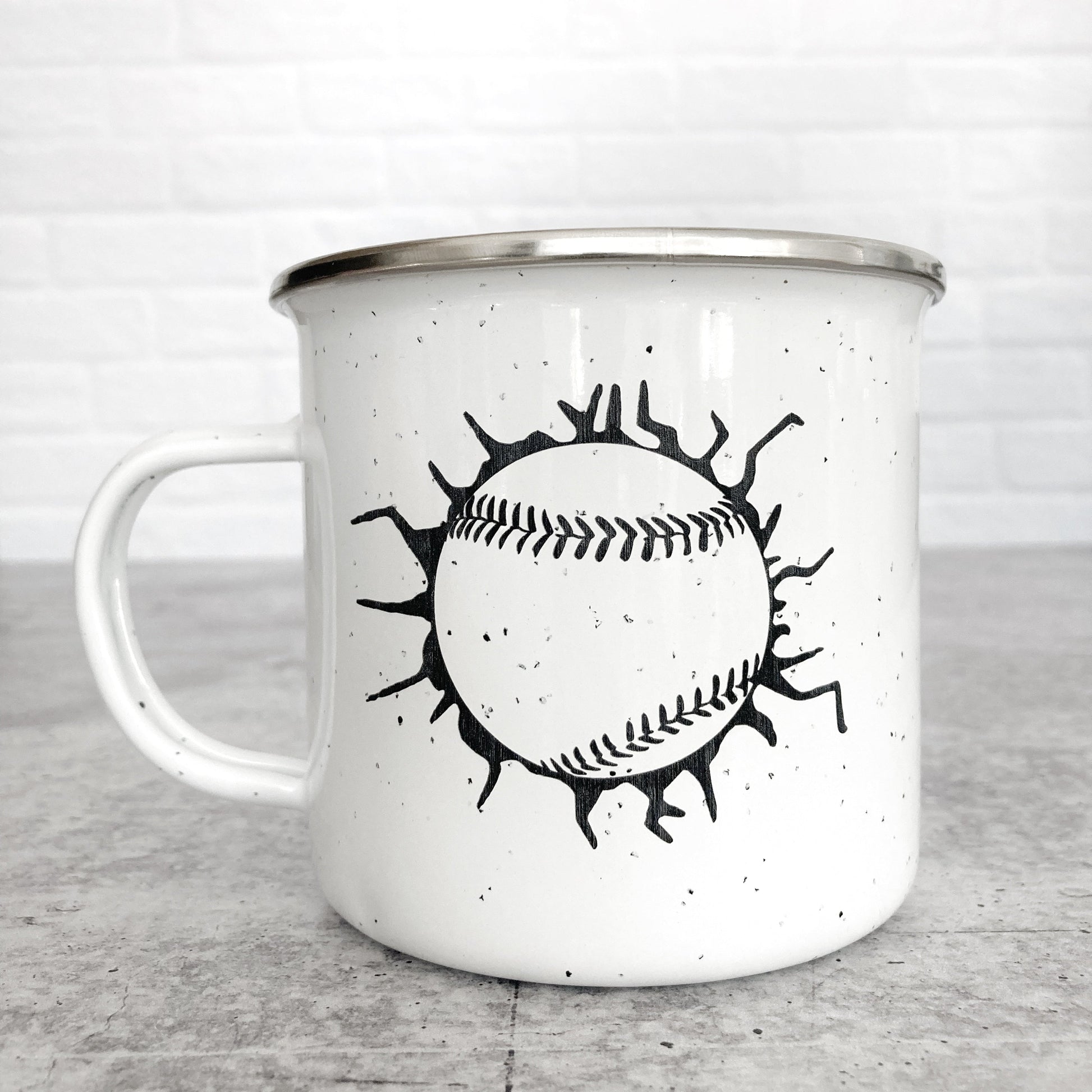 Baseball Cracked Glass Design on a white enamel mug