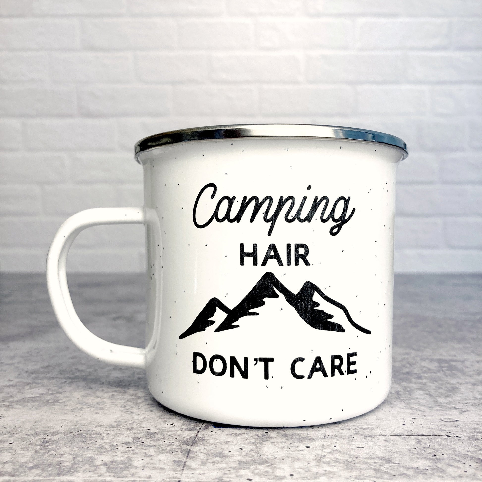 Camping Hair Don't Care Design on a White Enamel Mug