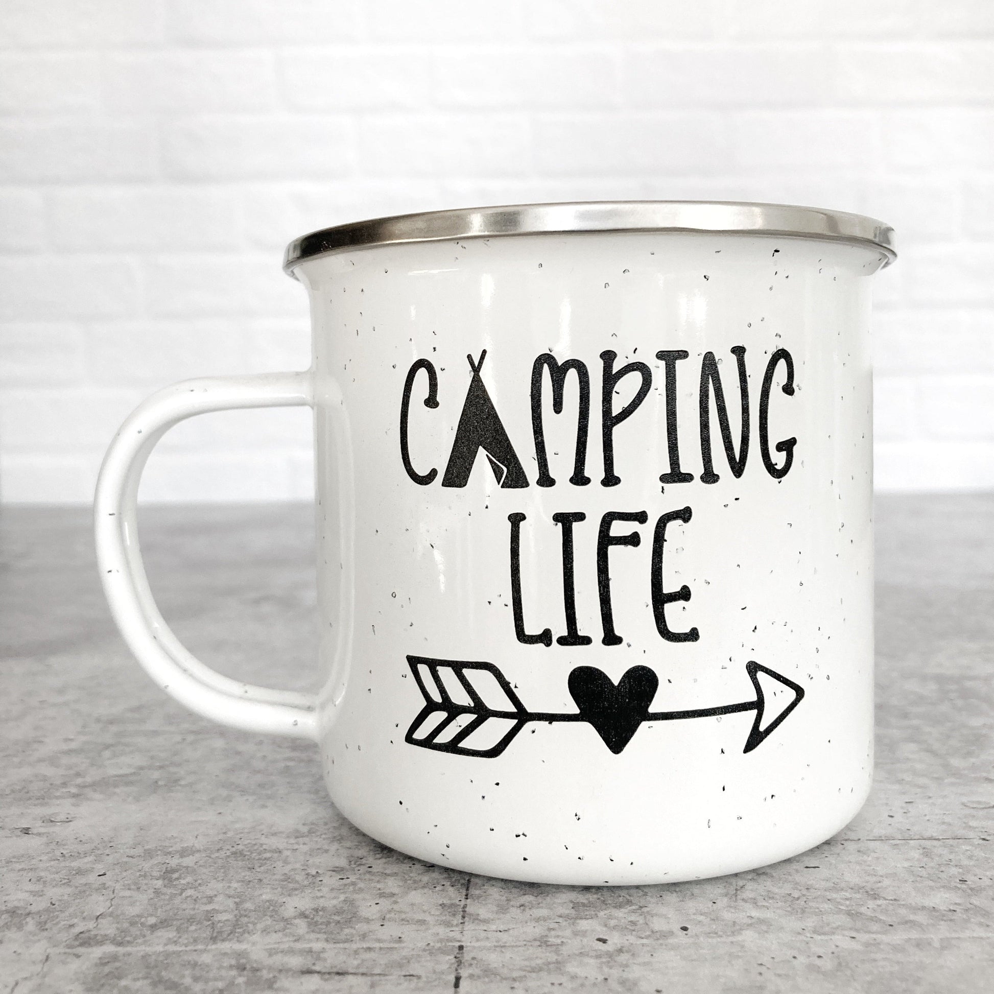 Camping Life design on a white enamel mug