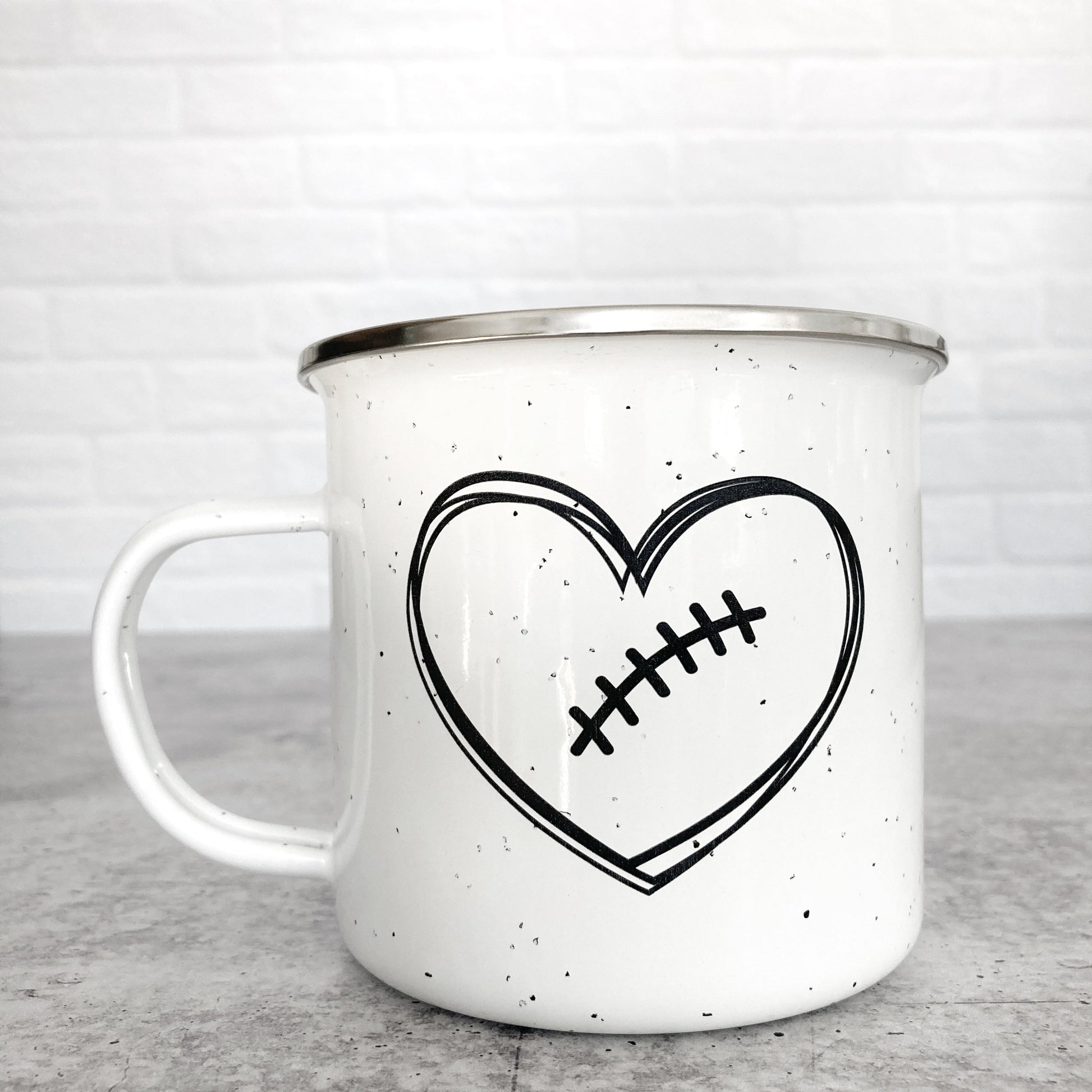 Football Heart Design on a white enamel mug
