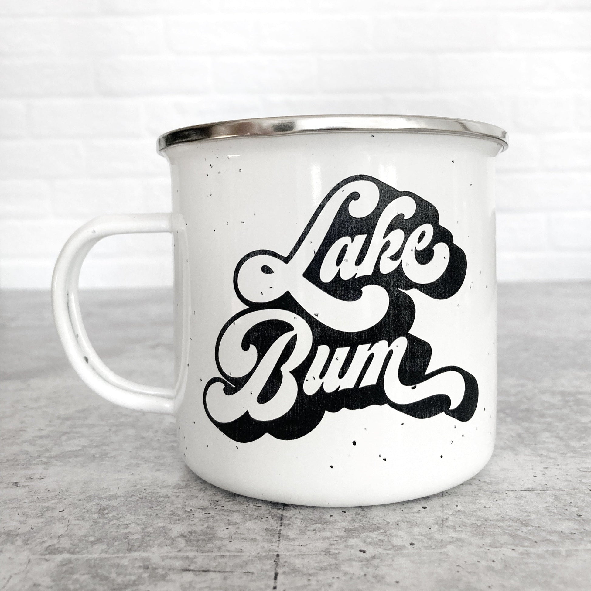 Lake Bum Design on a white enamel mug