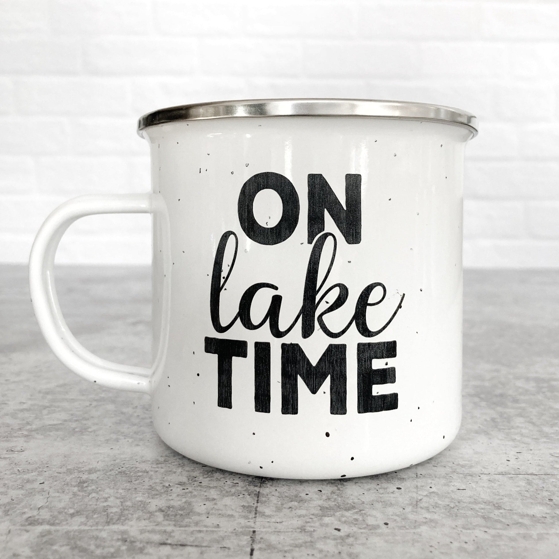On Lake Time Design on A White Enamel Mug