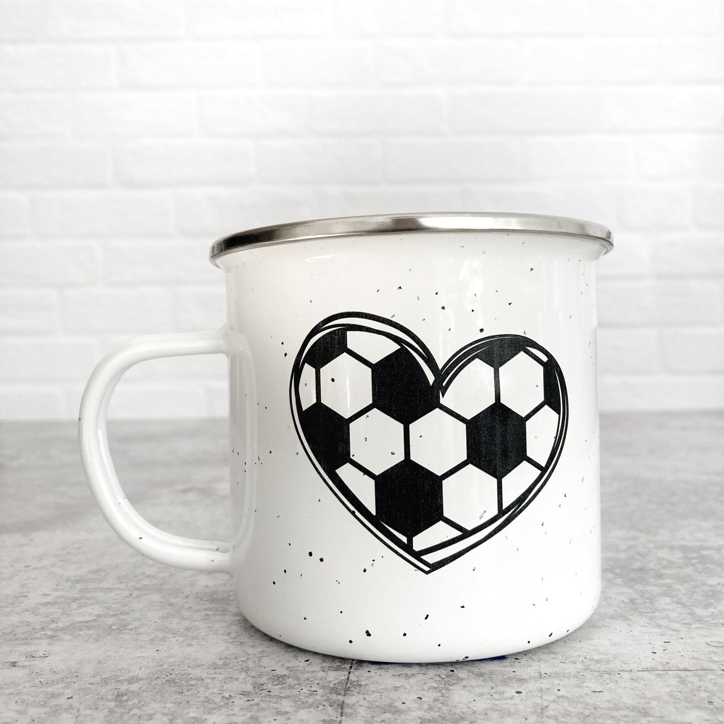 Soccer Heart Design on a white enamel mug
