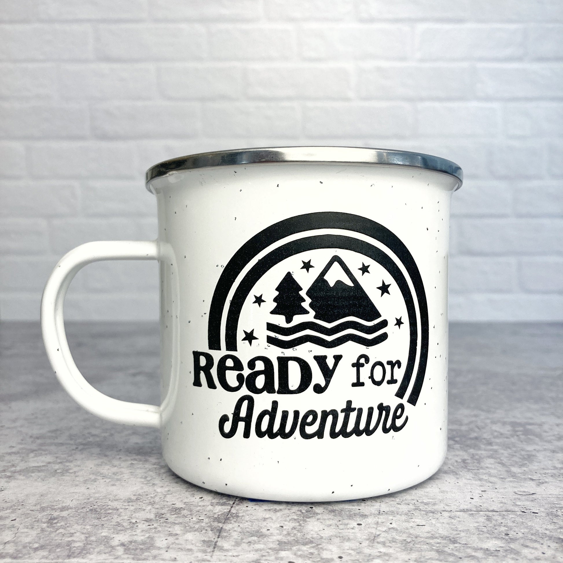 Ready For Adventure Design on a white enamel mug